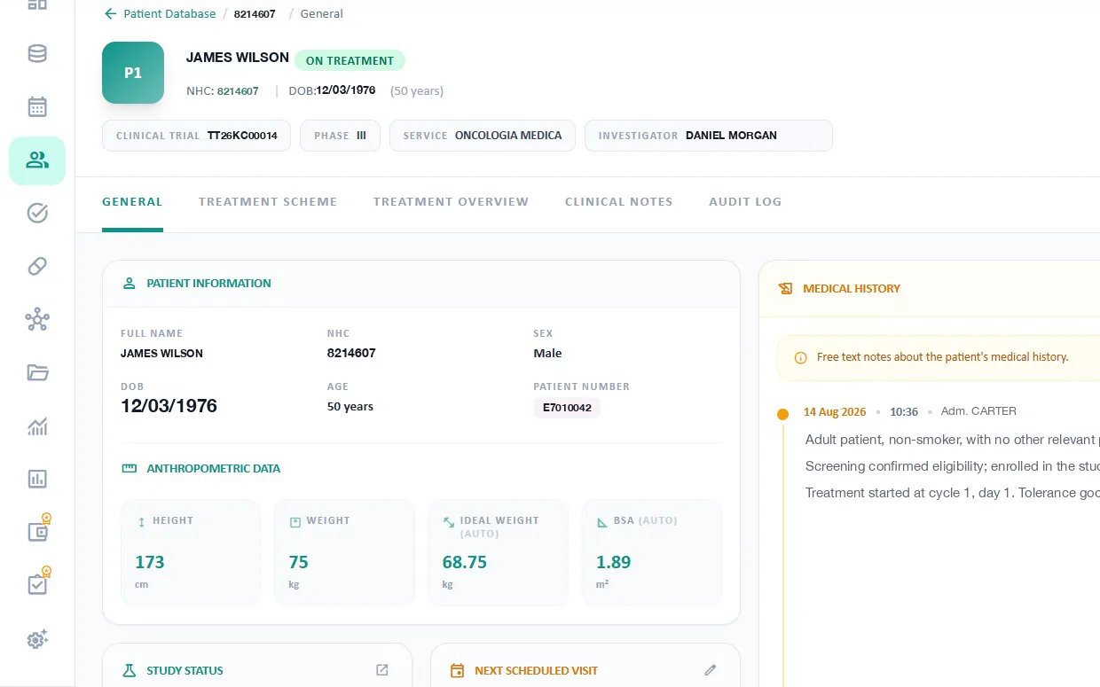 Partial view of a TrialTrack patient workspace: treatment status, study identifiers, patient information and anthropometric data.